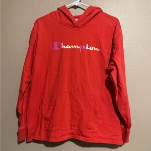 Champion Colorful Spellout Graphic Red Pullover Hoodie Sweatshirt Womens XL